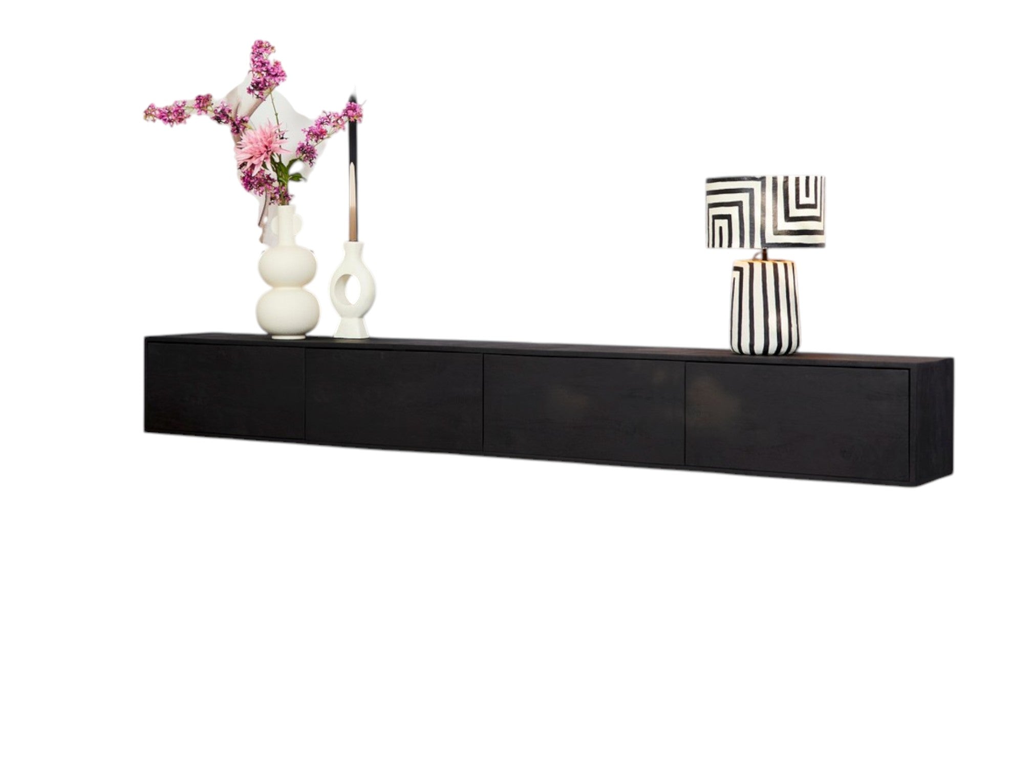 Schwebendes TV-Board Focus 240 cm – Mangoholz Lowboard mit Push-to-Open & grifflosen Türen, Wandmontage, 240×35×30 cm